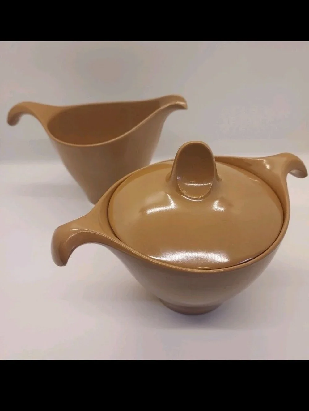 MCM Vintage Lenotex Lenox Melmac Melamine Sugar & Creamer Set Mocca Brown Nice!